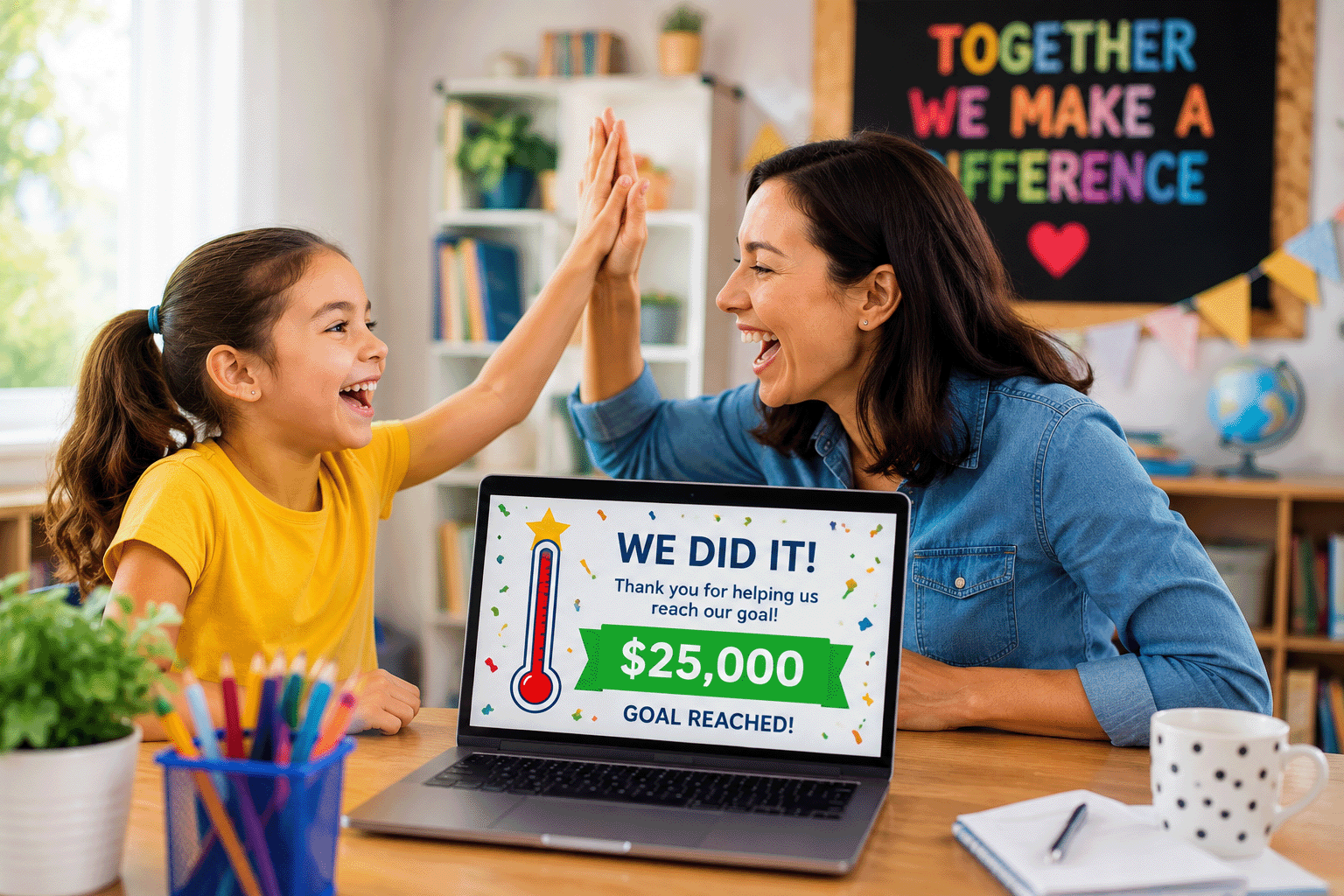 A child and parent high-fiving to celebrate reaching their fundraising goal